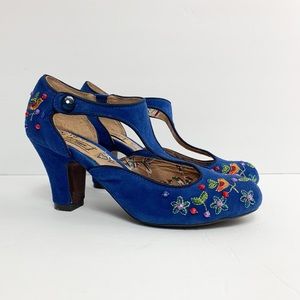 Miss L-Fire Orient Blue Suede T-Strap Heels